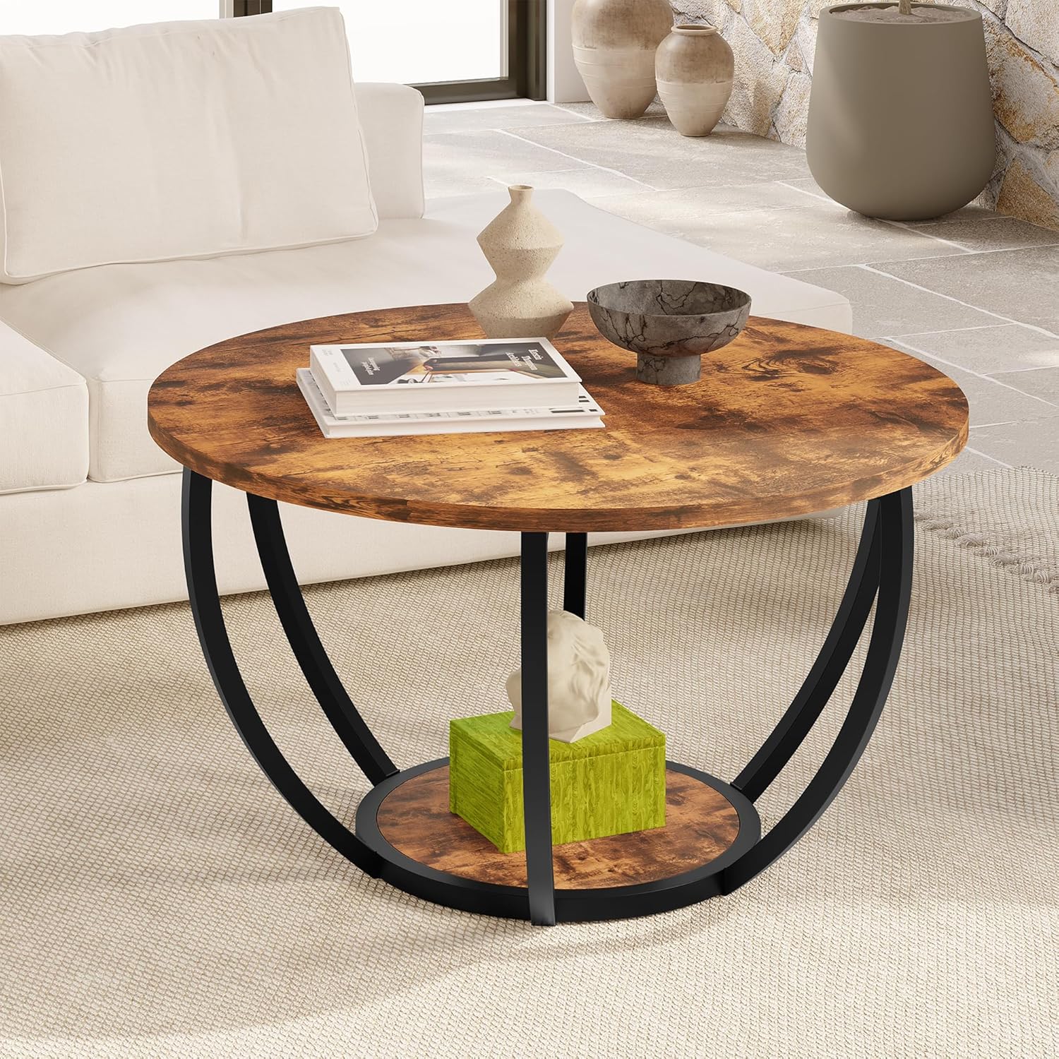 28" Round Coffee Table with Storage for Living Room, 2-Tier Wood Accent Center Table, Sofa Table for Home Office, Brown