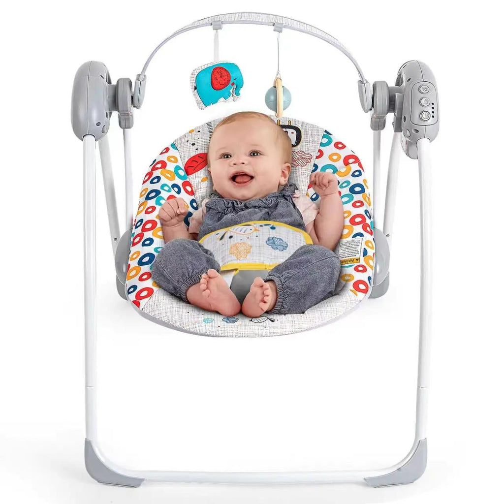 Battery Operated Foldable Baby Swing with 5 Adjustable Swing Speed, Auto Off Timer, Built-in Calming Music & Hanging Toys, Portable Infant Rocker for Newborn Nursery Use