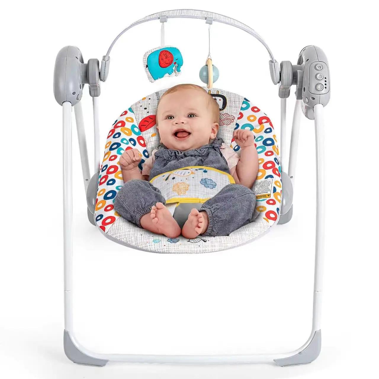 Battery Operated Foldable Baby Swing with 5 Adjustable Swing Speed, Auto Off Timer, Built-in Calming Music & Hanging Toys, Portable Infant Rocker for Newborn Nursery Use