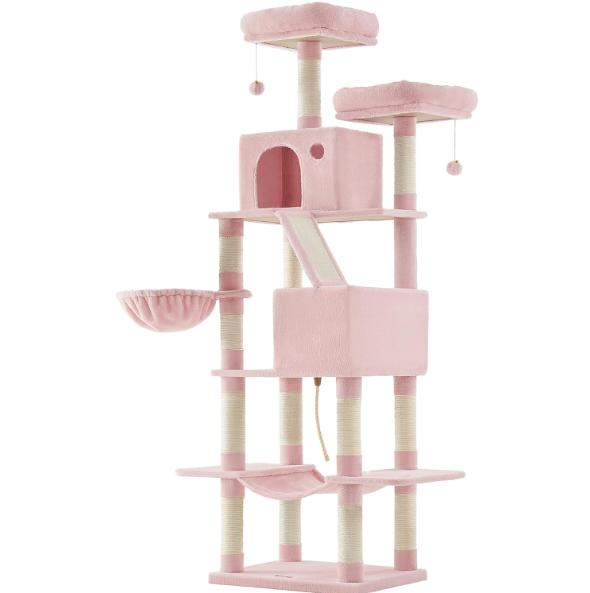 Tall Large Cat Tree 206 cm, Multi‑Level Plush Cat Tower with 13 Sisal Scratching Posts, Scratching Ramp, 2 Perches, 2 Cat Caves, Basket & Hammock, Interactive Pom‑pom Toys for Indoor Multi‑Cat Households