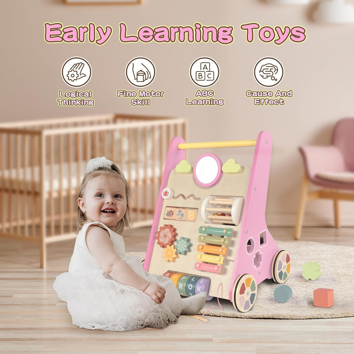 10-in-1 Wooden Toddler Push Walker, Multifunctional Educational Activity Learning Center with Silent Floor-Safe Rubber Wheels, Push-Along Walking Toy for Boys & Girls 12 Months+, Great Baby Gift