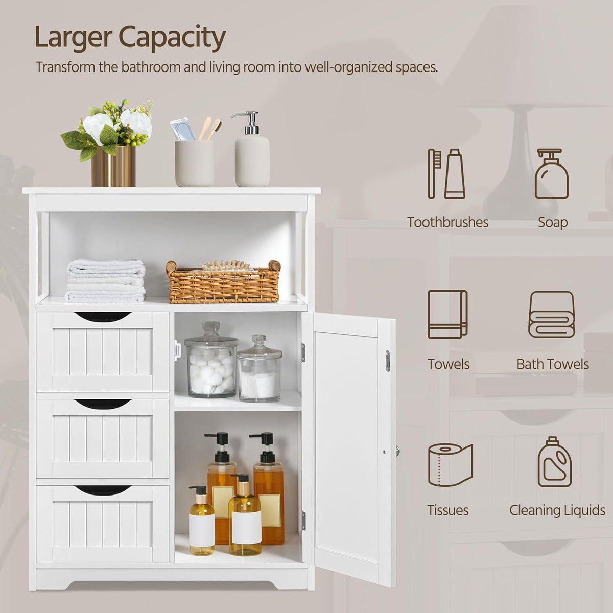 Modern White Freestanding Wooden Storage Cabinet, Accent Floor Organizer with Open Shelf, 3 Drawers & Adjustable Shelving, Multi‑Purpose Sideboard for Bathroom Living Room Kitchen Entryway