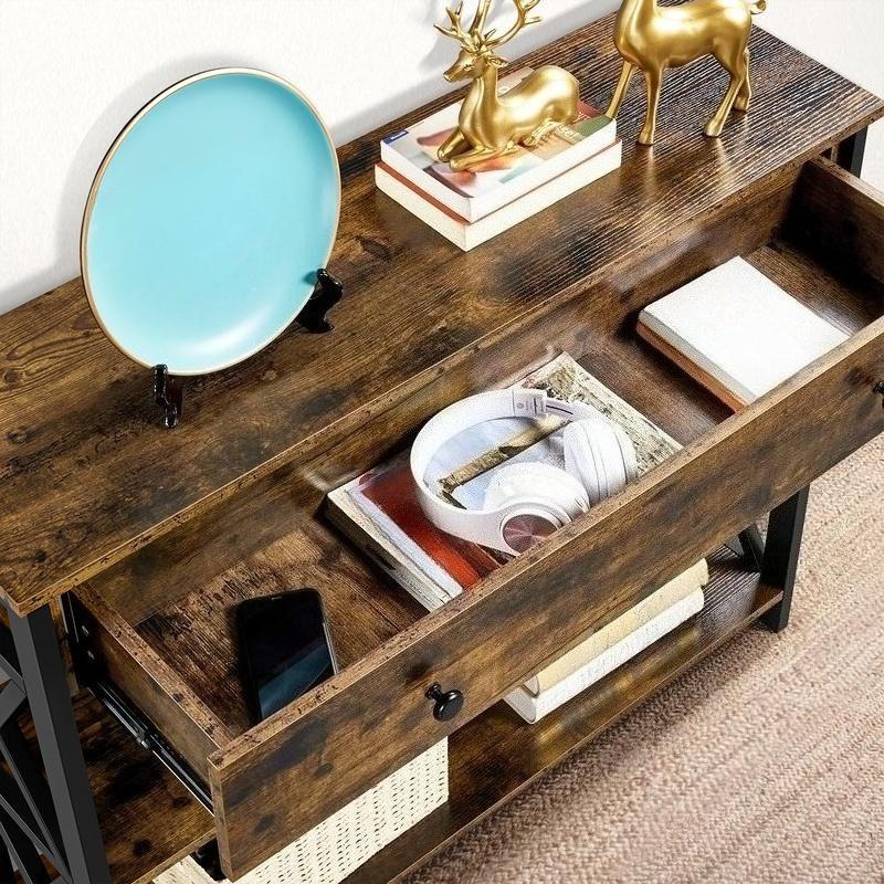 Industrial Vintage Console Table with Drawer & 2 Open Shelves, Multifunctional Shoe Storage Cabinet for Living Room Hallway Bedroom