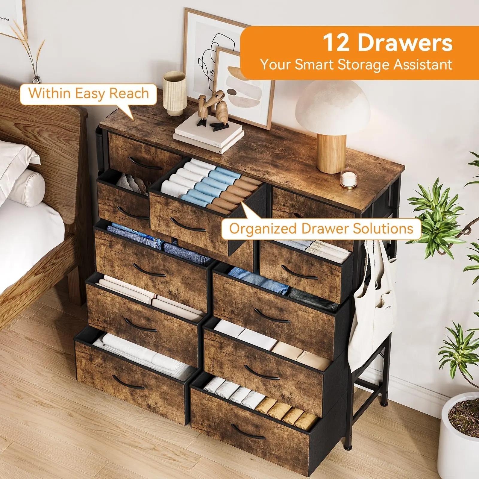 12‑Drawer Fabric Dresser for Bedroom, Chest of Drawers Storage Organizer with Side Pockets & Hooks, Sturdy Steel Frame Dresser Cabinet with Waterproof Wood Top, Multi‑Purpose Storage Unit for Closet, Hallway, Living Room Home Organization