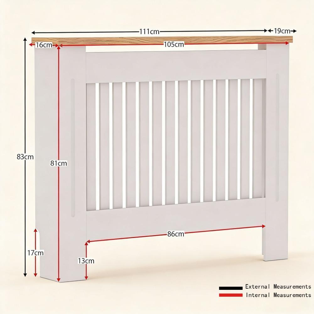 White MDF Radiator Cover with Wood Shelf - White -  Modern Swing-style Vertical Grille Design for Optimal Heat Circulation - Painted MDF Cabinet with Wooden Upper Shelf