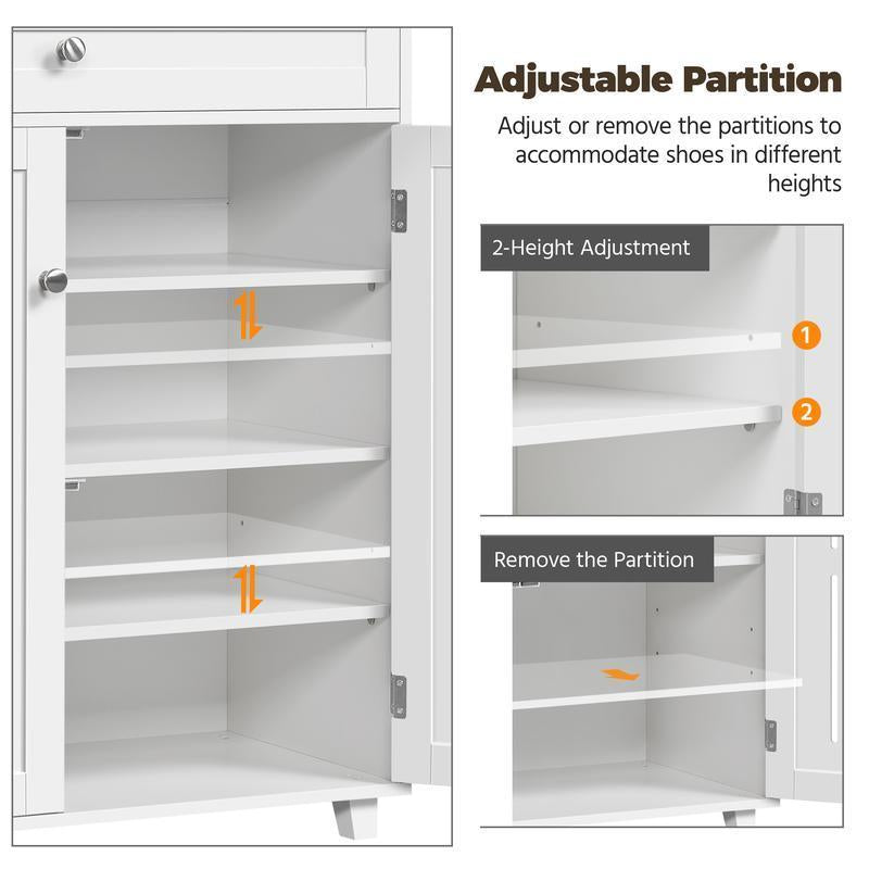 Freestanding Wooden Shoe Storage Cabinet, 4‑Tier Shoe Organiser with Drawer & Doors, Adjustable Shelves, Anti‑Tipping Design, Holds 15‑18 Pairs Shoes for Entryway Hallway Bedroom