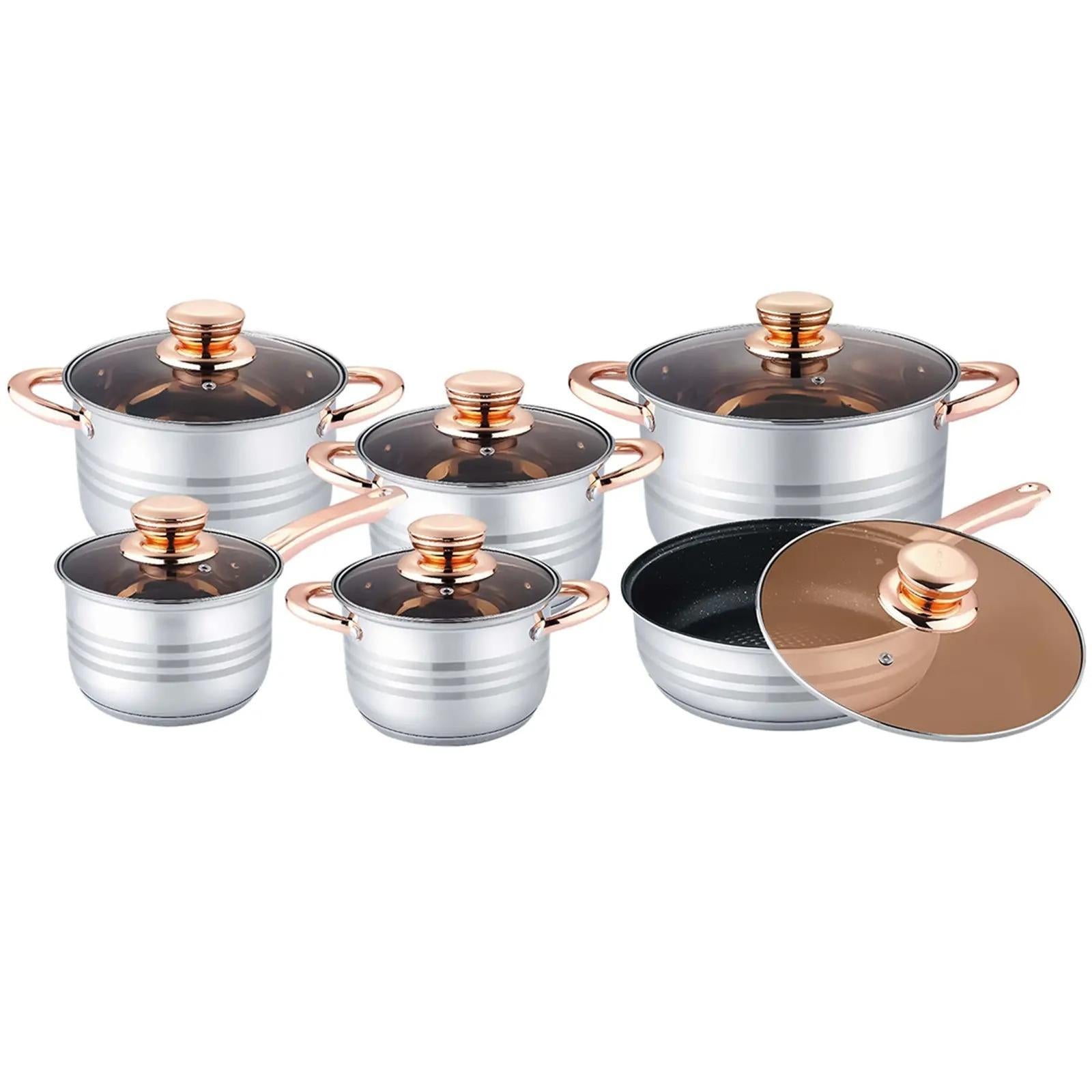 12‑Piece Stainless Steel Cookware Set with Glass Lids, Non‑Stick Casserole & Stockpot, Rose Gold Handles, Induction Compatible Kitchen Cooking Pots Set