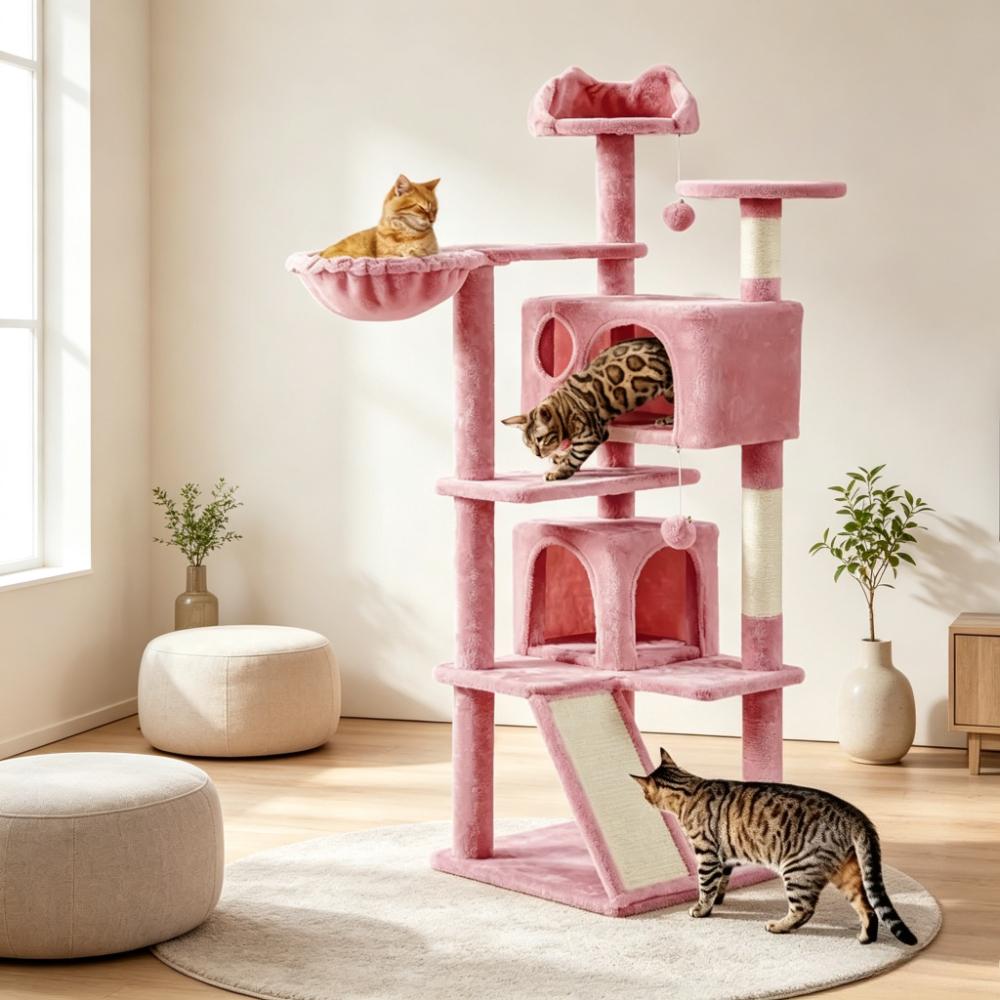 144.5cm Tall Multi-Level Cat Tree with Sisal Scratching Posts, 2 Cozy Condos & Hanging Balls, Large Climbing Tower for Active Kittens and Small Cats, Indoor Play House for Exercise and Rest [Plus A Free Gift]