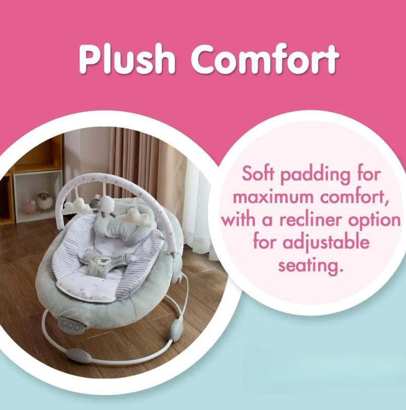 Portable Newborn Baby Bouncer Rocker, Grey Lamb Design Infant Soothing Seat with Soft Cushion, Music & Vibration Function for Baby Infants