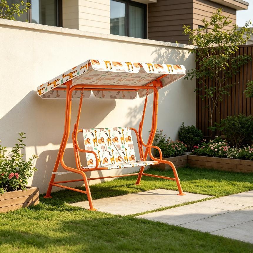2‑Seater Kids Patio Swing Bench, Orange Weather‑Resistant Swing Chair with Adjustable Canopy & Safety Seat Belts, EN71 Certified Indoor Outdoor Swing Seat for Garden Patio Playroom Backyard