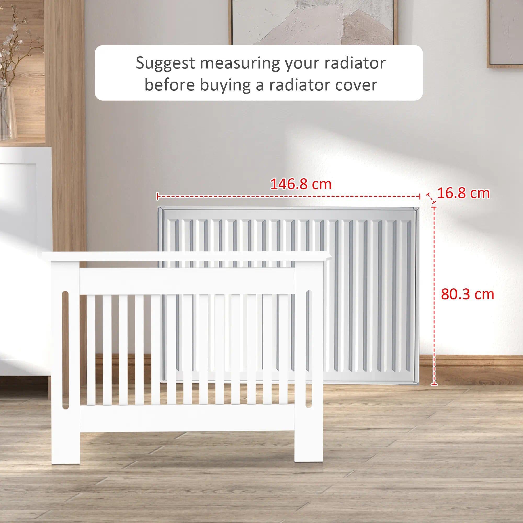 White Slatted Radiator Cover Cabinet – MDF Lined Grill, 152x19x81cm, Painted Finish for Living Room Hallway [Plus A Free Gift]