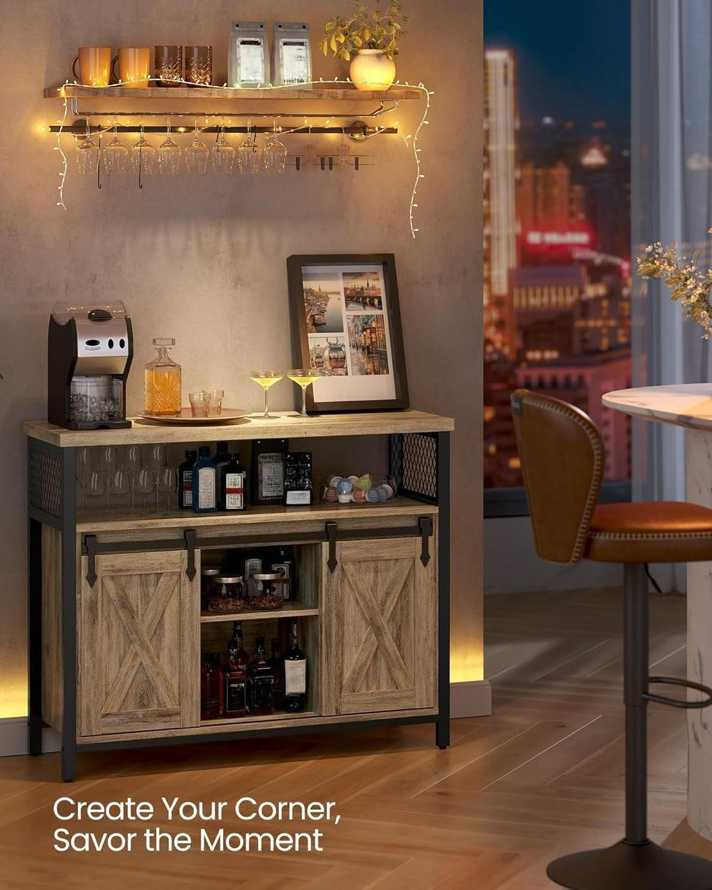 Rustic Wooden Sideboard Buffet Cabinet, Sliding Barn Doors Storage Credenza with Adjustable Shelves & Anti‑Tip Kit, Multipurpose Furniture for Kitchen Living Room Hallway