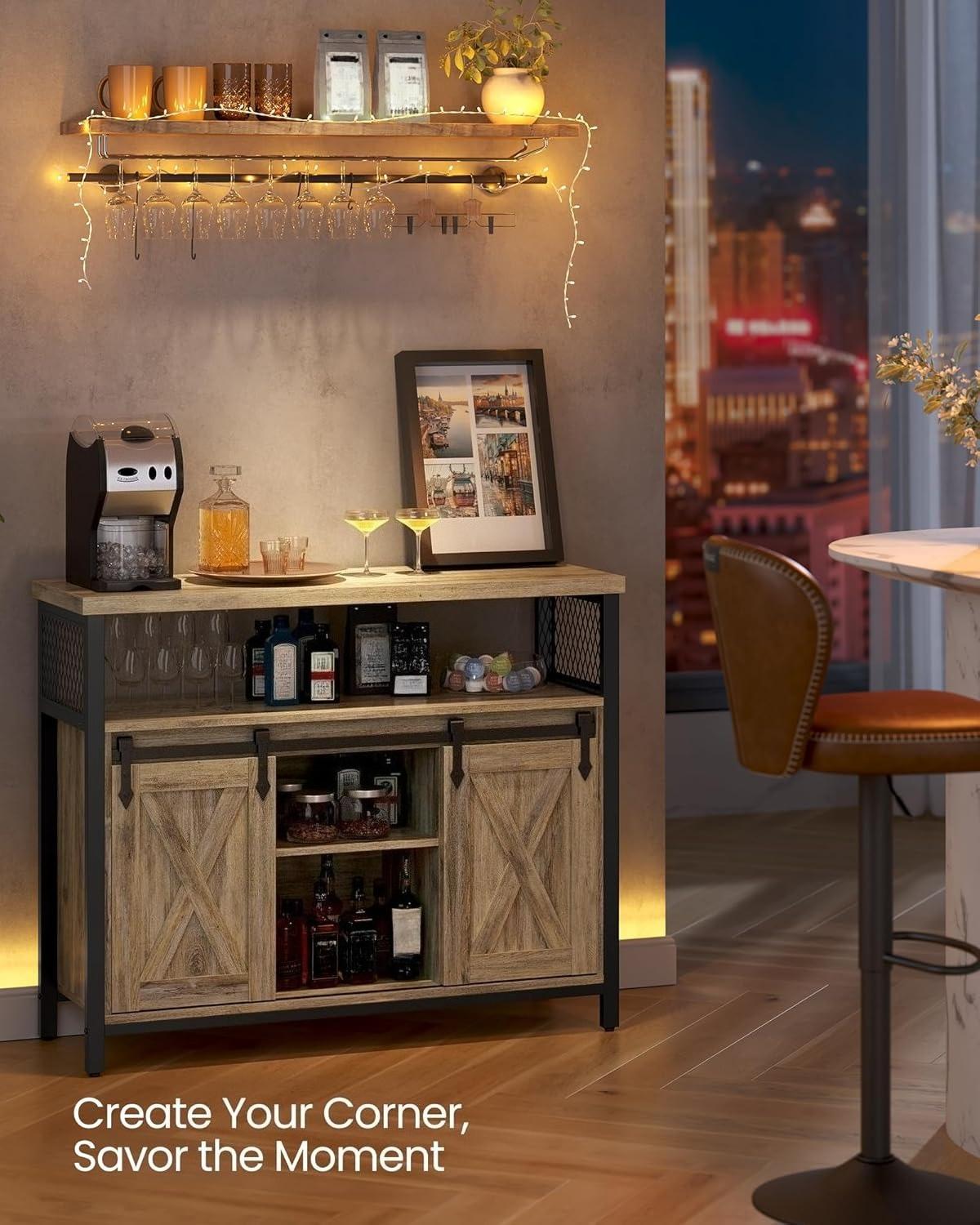 Rustic Wooden Sideboard Buffet Cabinet, Sliding Barn Doors Storage Credenza with Adjustable Shelves & Anti‑Tip Kit, Multipurpose Furniture for Kitchen Living Room Hallway
