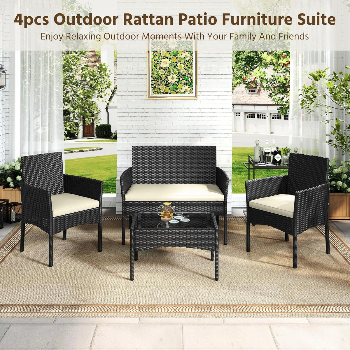 Yaheetech 4-Piece Rattan Conversation Set, Sofa & Glass Table, Black/Beige