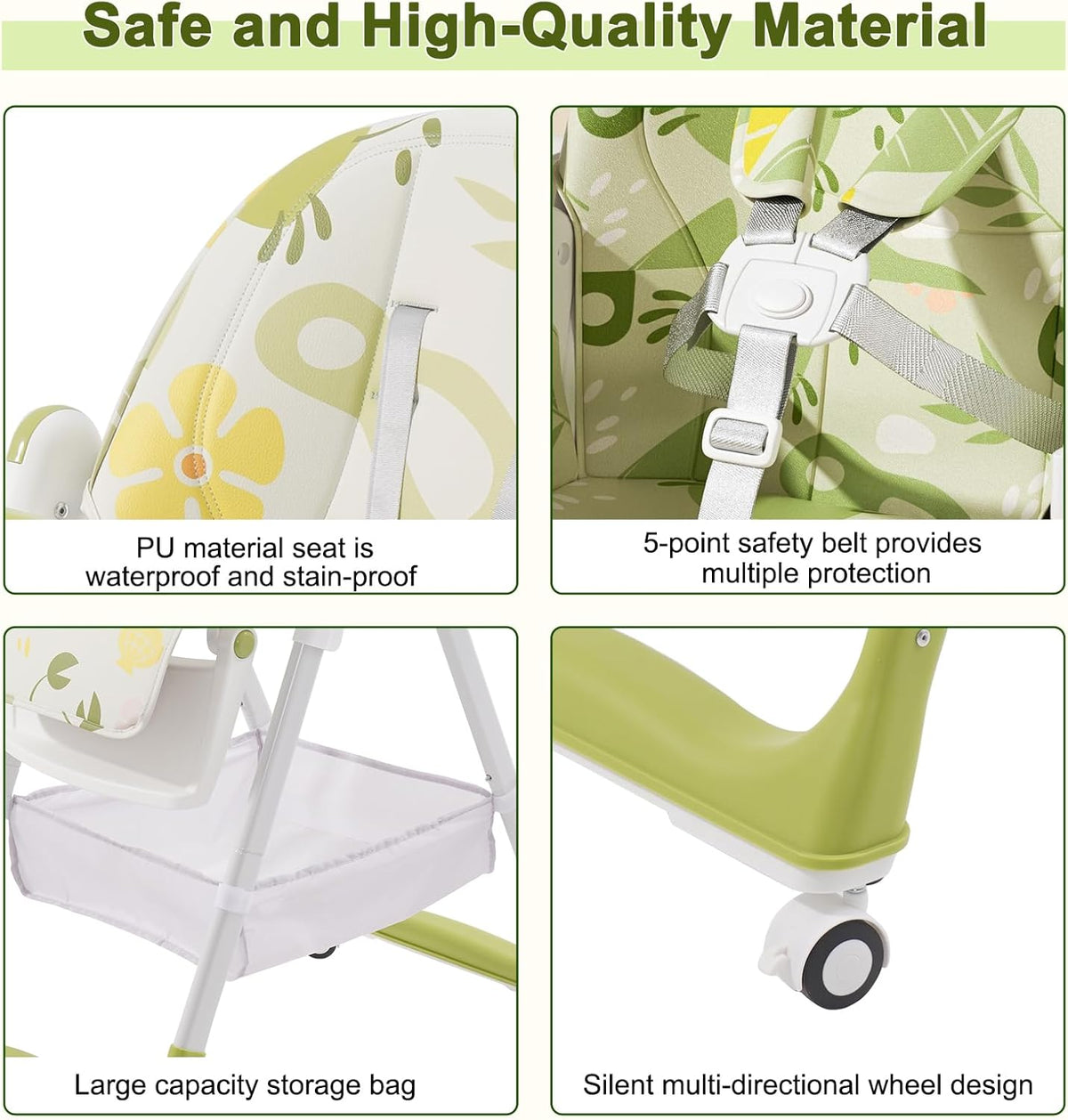 Adjustable Luxury Foldable Highchair - 5-Position Height, 3 Recline & Easy-Clean Tray | Grow-with-Me Baby Chair from 6 Months to 3 Years [Plus A Free Gift]