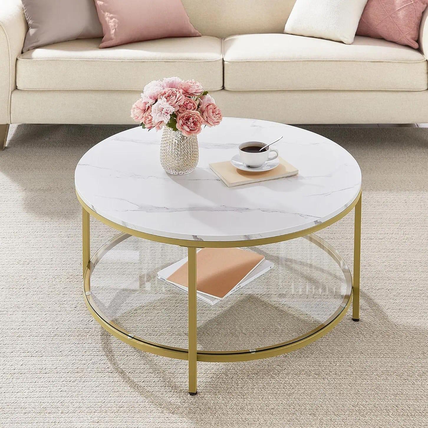 Coffee Table, Living Room Table, Sofa Cocktail Table Faux Marble Round, Tempered Glass Storage Shelf, Easy to Assemble, Modern Style, for Living Room