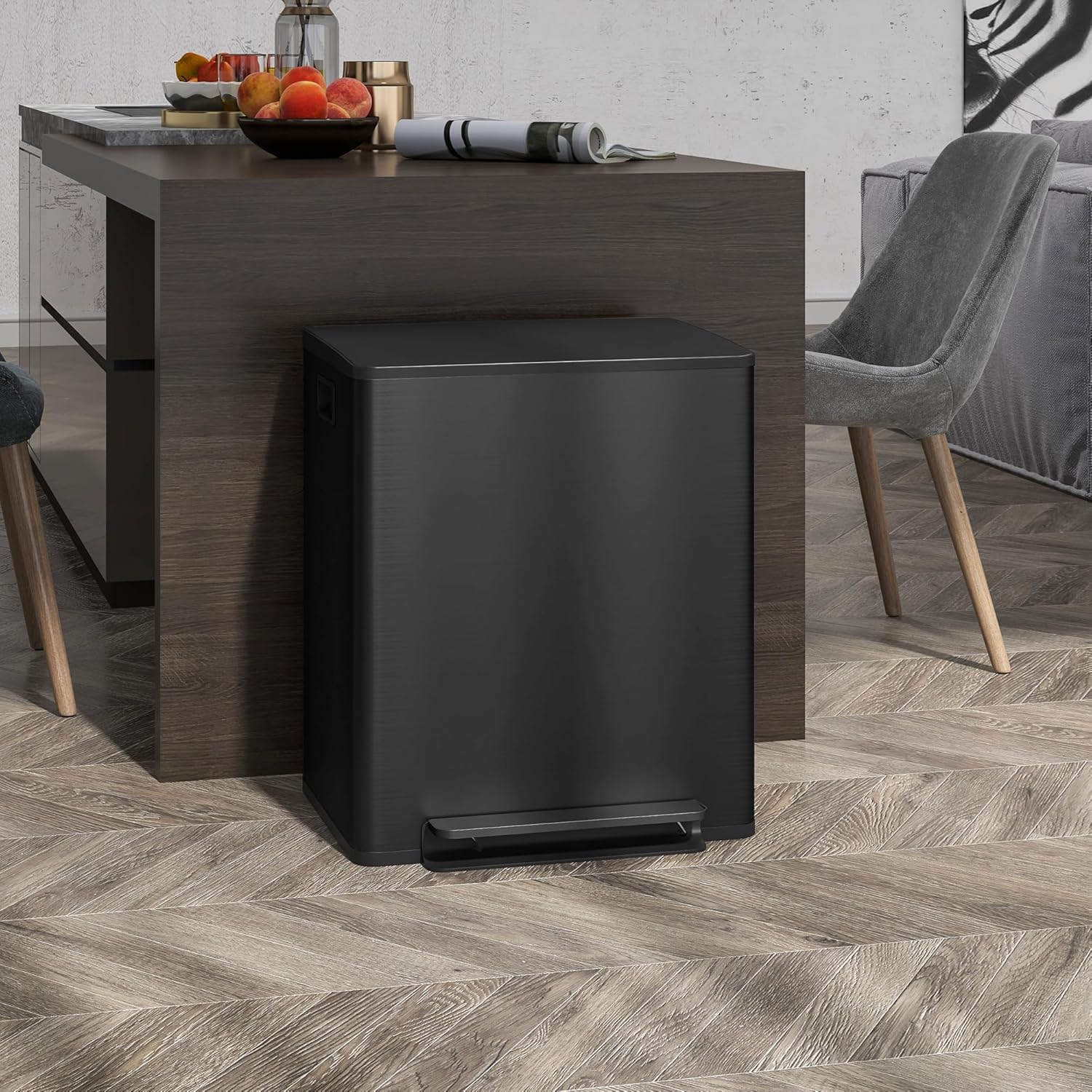 Dual Kitchen Recycling Bin, Stainless Steel Double Pedal Trash Bin with Soft‑Close Lid, Removable Inner Buckets with Handles, 2‑Compartment Sorting Waste Bin for Kitchen, Home, Apartment & Office Use