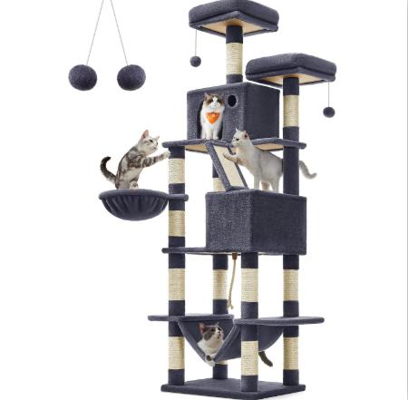 Tall Large Cat Tree 206 cm, Multi‑Level Plush Cat Tower with 13 Sisal Scratching Posts, Scratching Ramp, 2 Perches, 2 Cat Caves, Basket & Hammock, Interactive Pom‑pom Toys for Indoor Multi‑Cat Households
