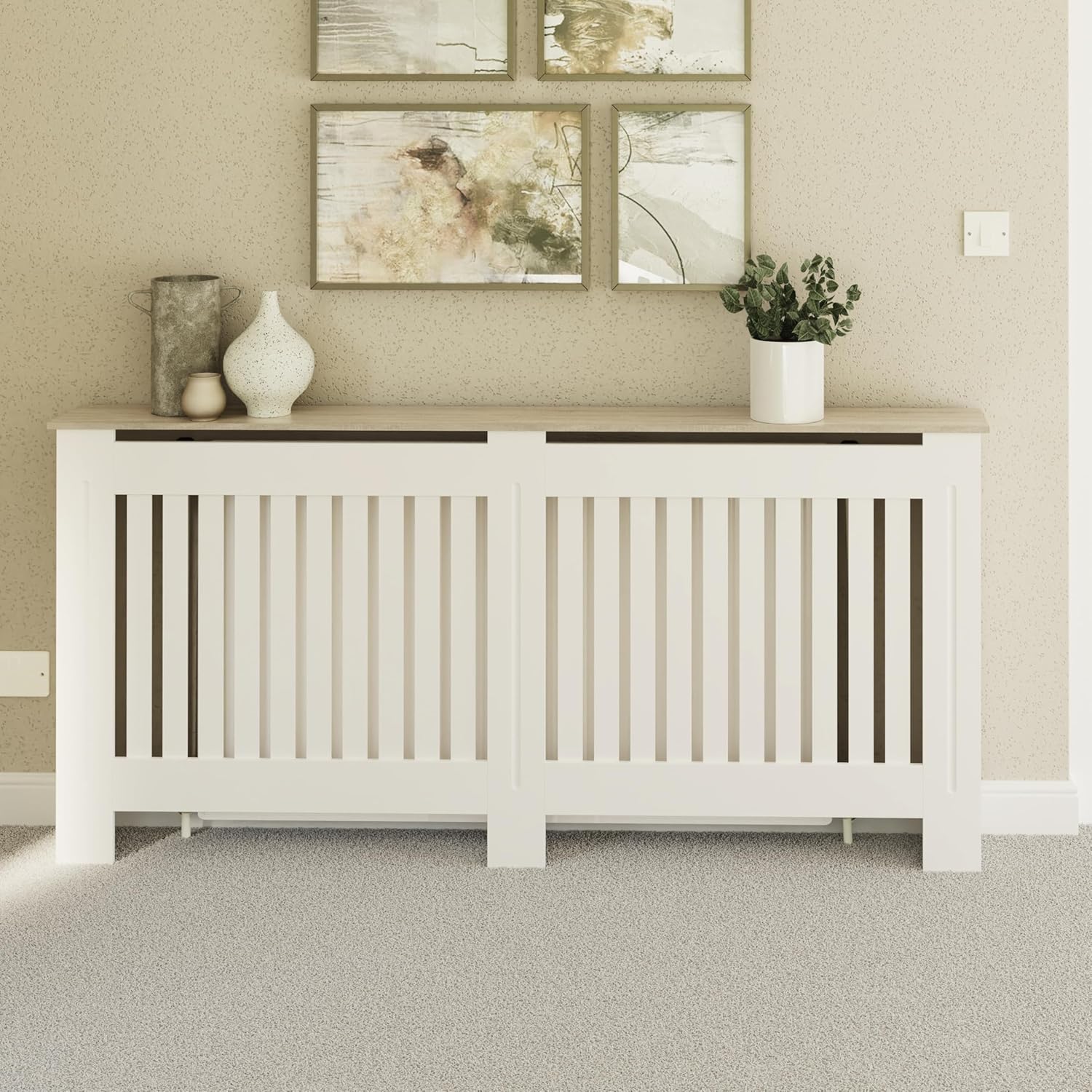 Large White Slatted Wood Radiator Cover with Shelf - Modern Furniture Style for Living Room, Bedroom [Plus A Free Gift]