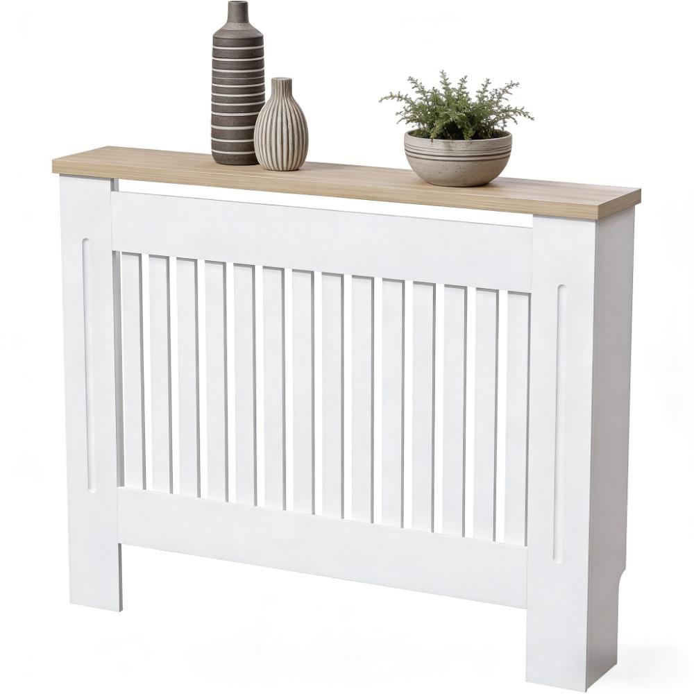 White Modern MDF Radiator Cover with Grill Slats & Wood Top Shelf  [Plus A Free Gift]
