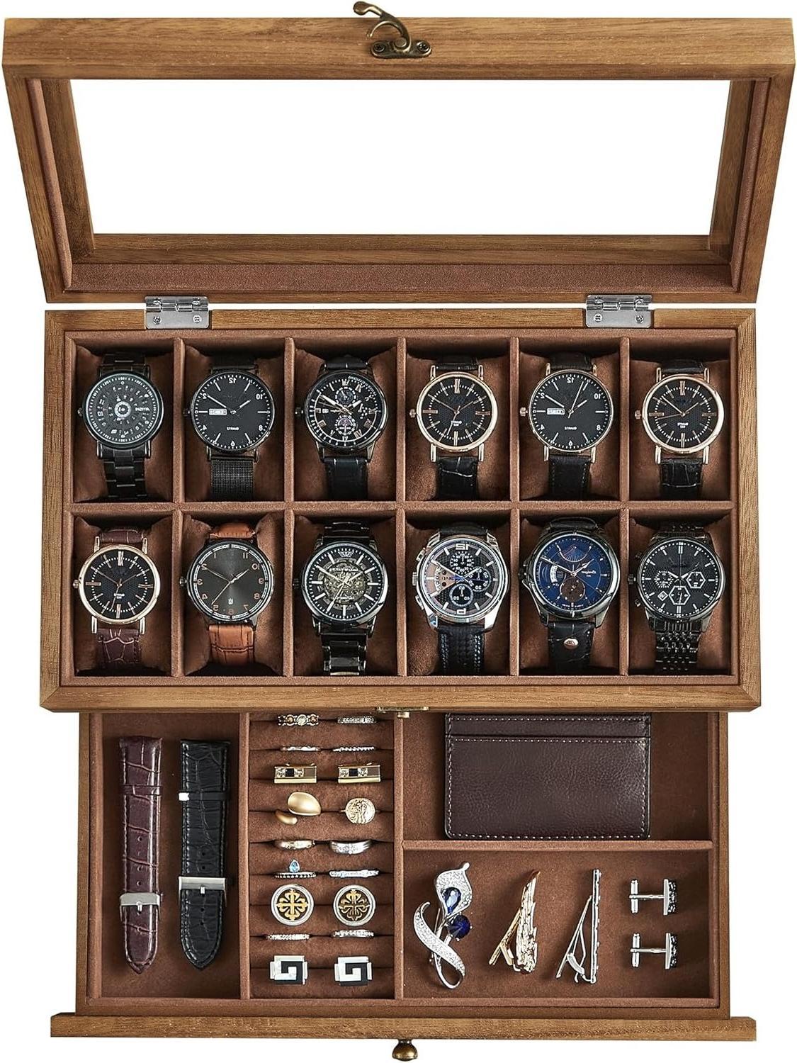 12-Slot Ink Black Wooden Watch Box with Glass Lid - 2-Tier Luxury Case for Men & Women | Velvet Lining & Watch Pillows, Stylish Jewellery Storage | Ideal Gift + FREE Gift Included | Organize Watches in Elegant Fashion