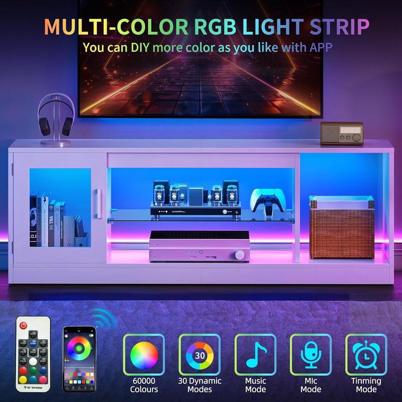 【NS】TV Cabinet Stand Unit, Modern Style TV Table for Flat Screens Up to 65 Inch, Open Adjustable Glass Storage Shelves for Living Room, Gaming, Entertainment Room, Hallway, Bedroom
