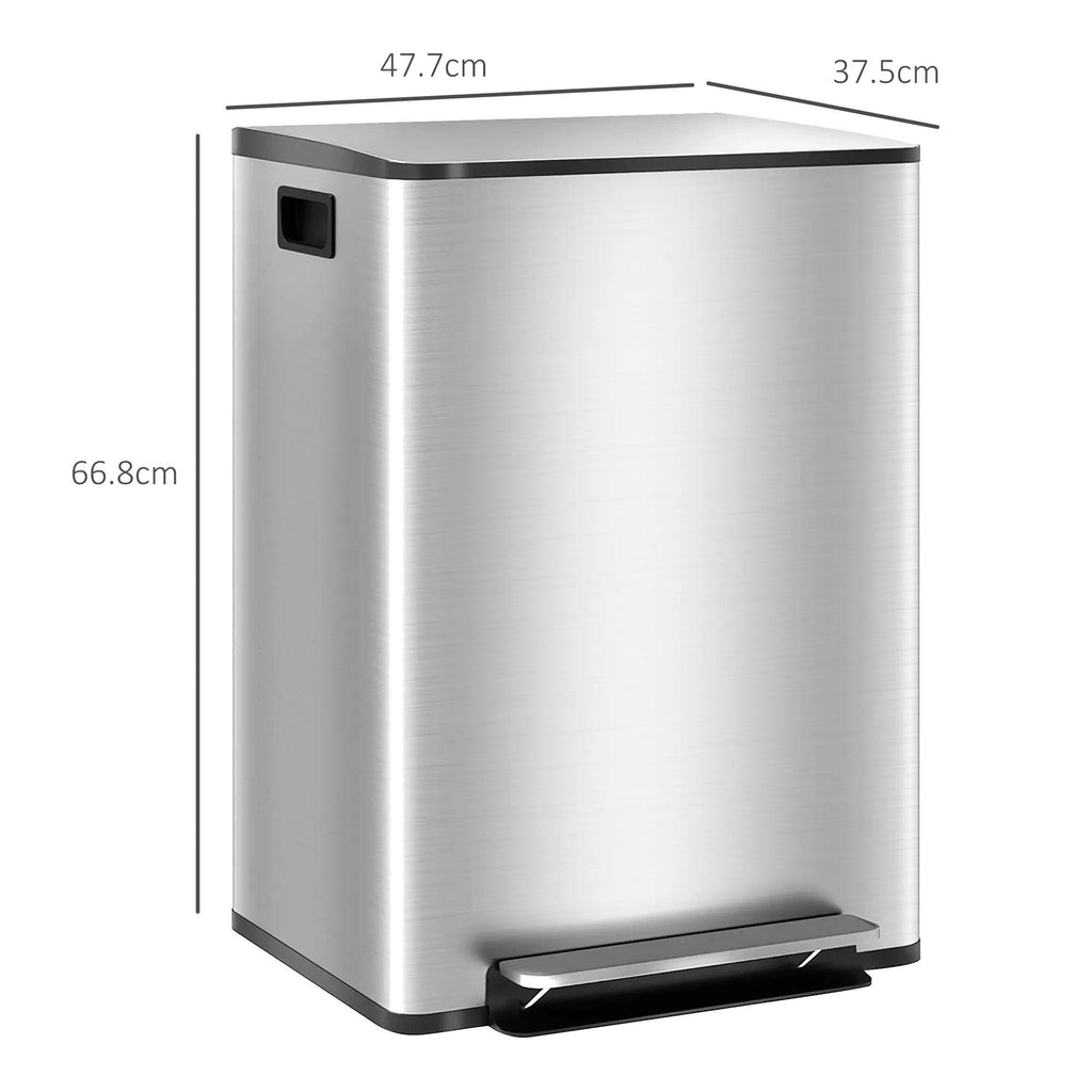 Dual Kitchen Recycling Bin, Stainless Steel Double Pedal Trash Bin with Soft‑Close Lid, Removable Inner Buckets with Handles, 2‑Compartment Sorting Waste Bin for Kitchen, Home, Apartment & Office Use