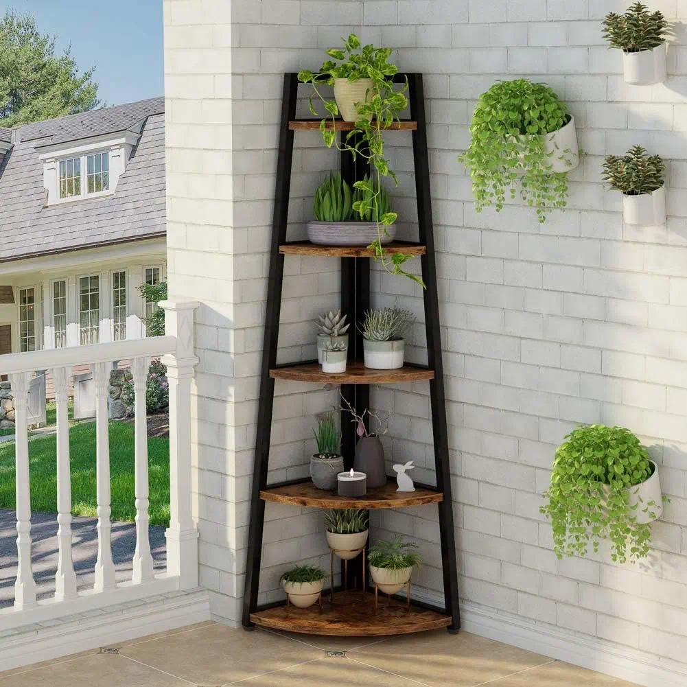 70 Inch Tall 5-Tier Corner Bookshelf, Ladder Style Open Storage Bookcase with Sturdy Metal Frame, Smooth Round Edge Freestanding Corner Organizer Rack for Living Room Bedroom Kitchen Home Display