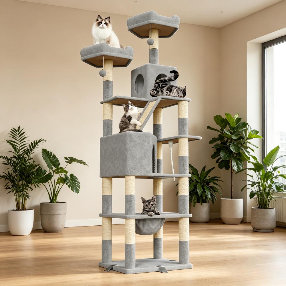 208cm Extra Large Cat Tree, Multi-level Scratching Post Climbing Tower with Hammock Basket, Activity Centre for Playful Cats [Plus A Free Gift]