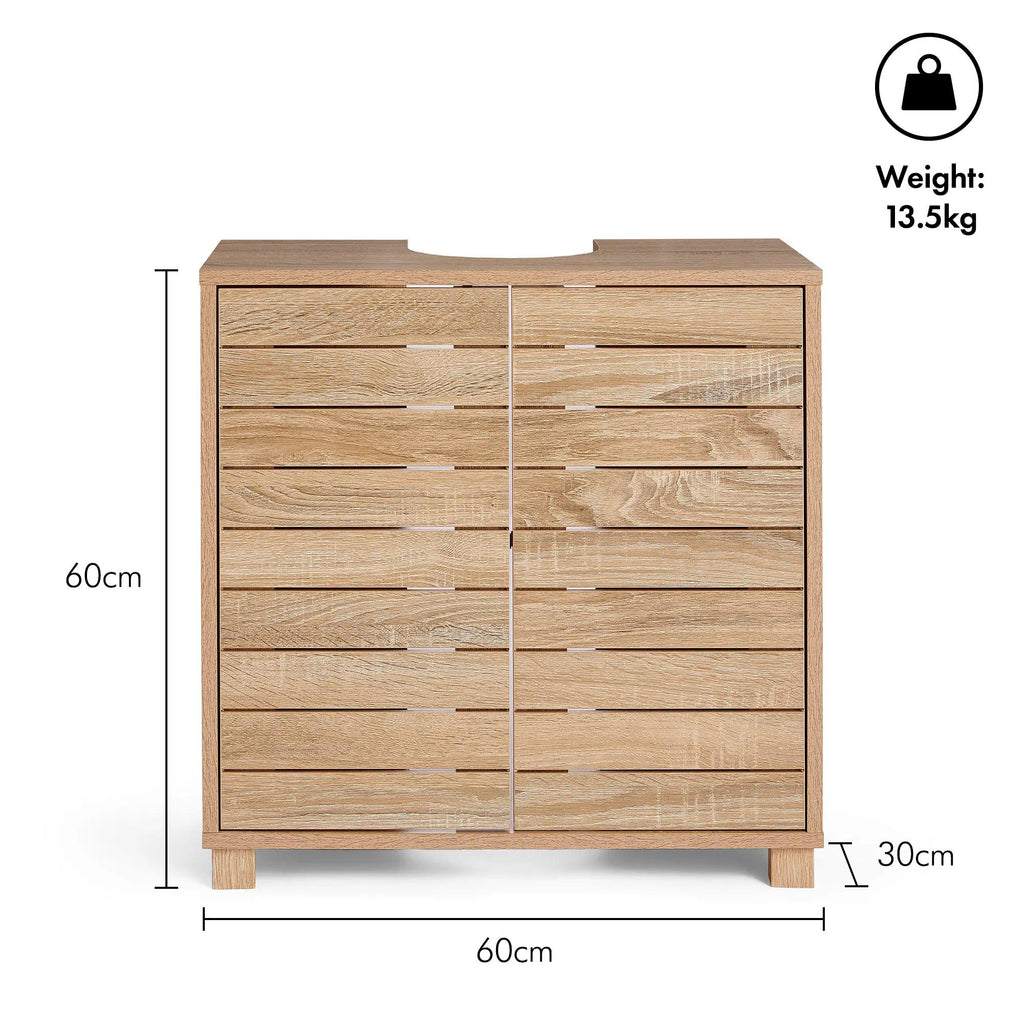 `Freestanding Under‑Sink Bathroom Cabinet, Oak Wood‑Effect Handleless Storage Cupboard with 2 Adjustable Inner Shelves, Multi‑Purpose Below Sink Organizer for Bathroom Vanity`