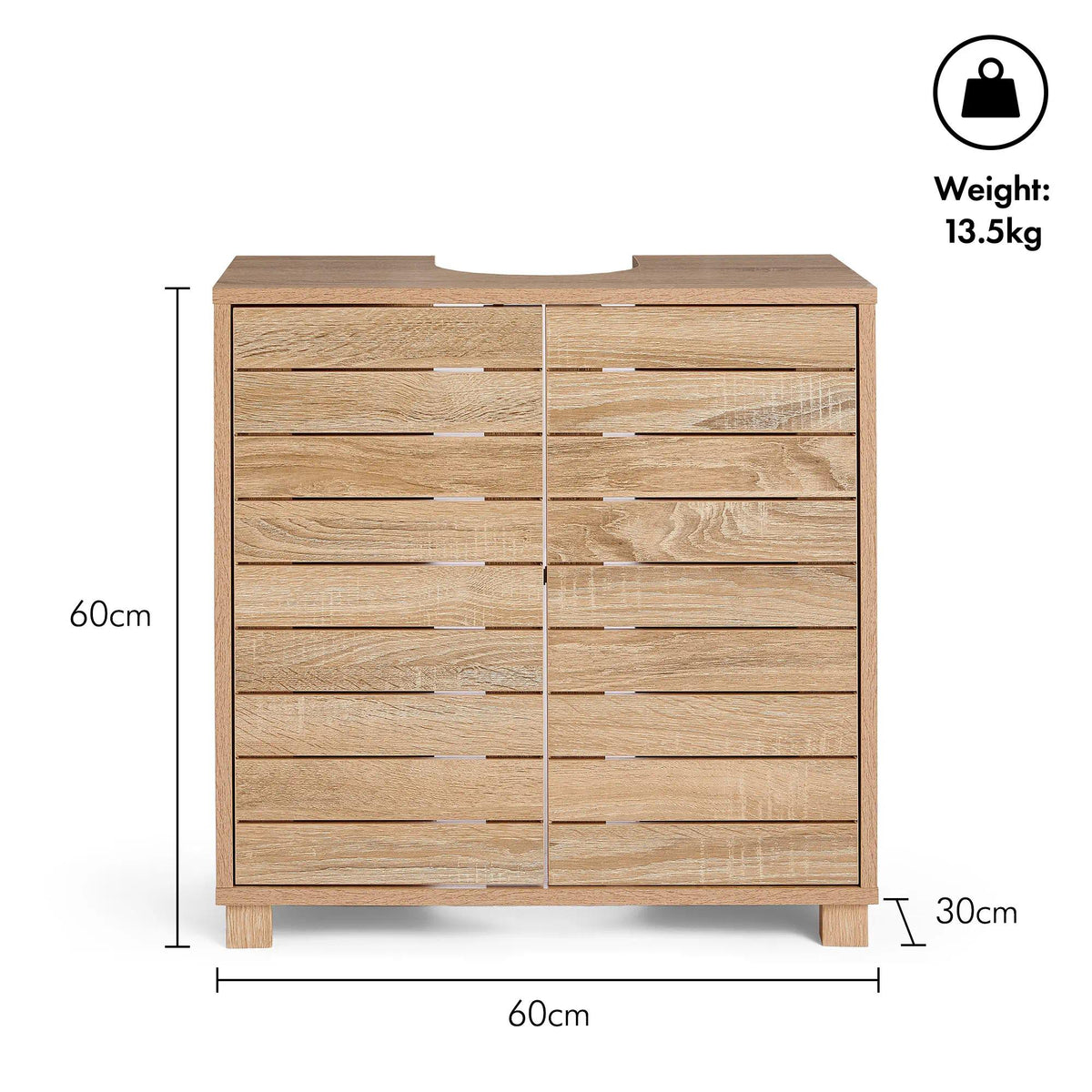`Freestanding Under‑Sink Bathroom Cabinet, Oak Wood‑Effect Handleless Storage Cupboard with 2 Adjustable Inner Shelves, Multi‑Purpose Below Sink Organizer for Bathroom Vanity`
