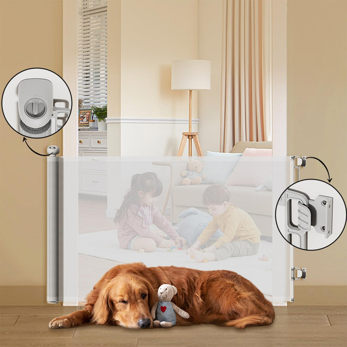 Retractable Baby Gate 87cm x 130 cm Stair Safety Gate Roll for Babies and Pets, dogs, Extendable Barrier Gates (Grey)