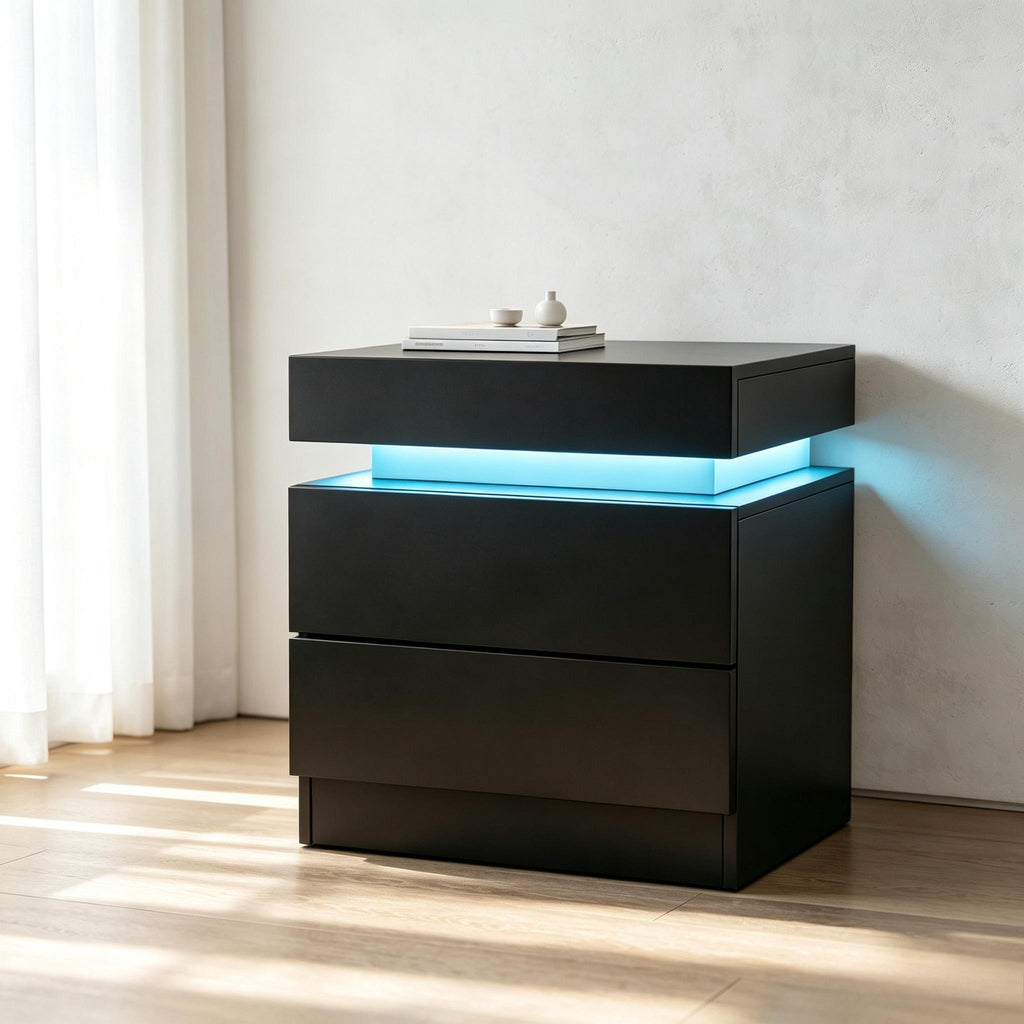 Modern LED Bedside Table with RGB Lights App & Remote Control, Lift‑Top Hidden Storage 2 Drawers High Gloss Nightstand, USB Powered Side Cabinet for Bedroom Living Room, Self‑Assembly