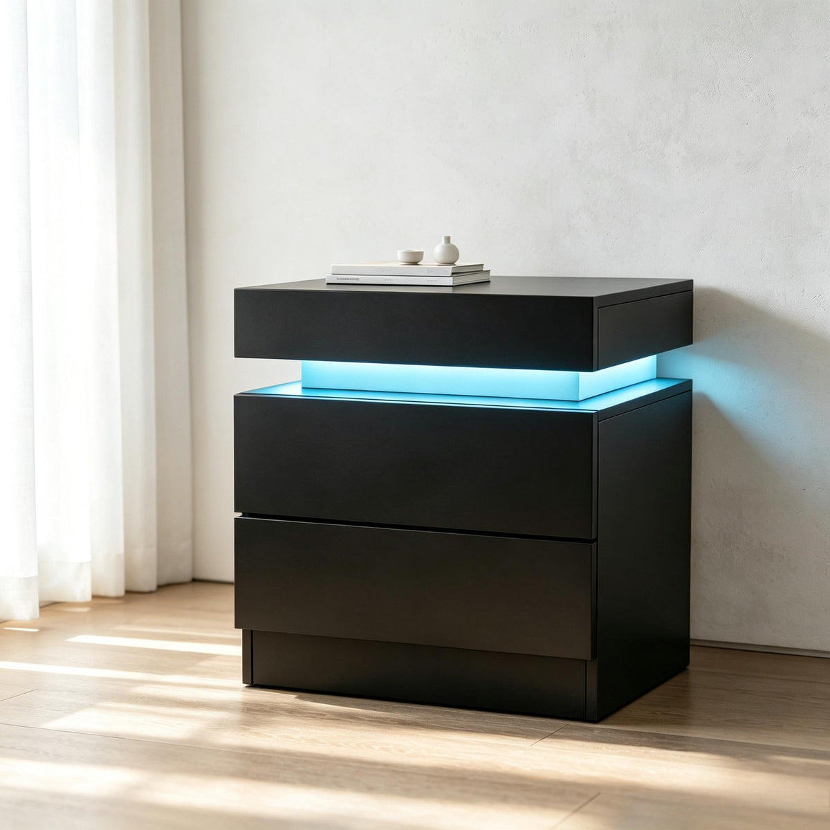 Modern LED Bedside Table with RGB Lights App & Remote Control, Lift‑Top Hidden Storage 2 Drawers High Gloss Nightstand, USB Powered Side Cabinet for Bedroom Living Room, Self‑Assembly
