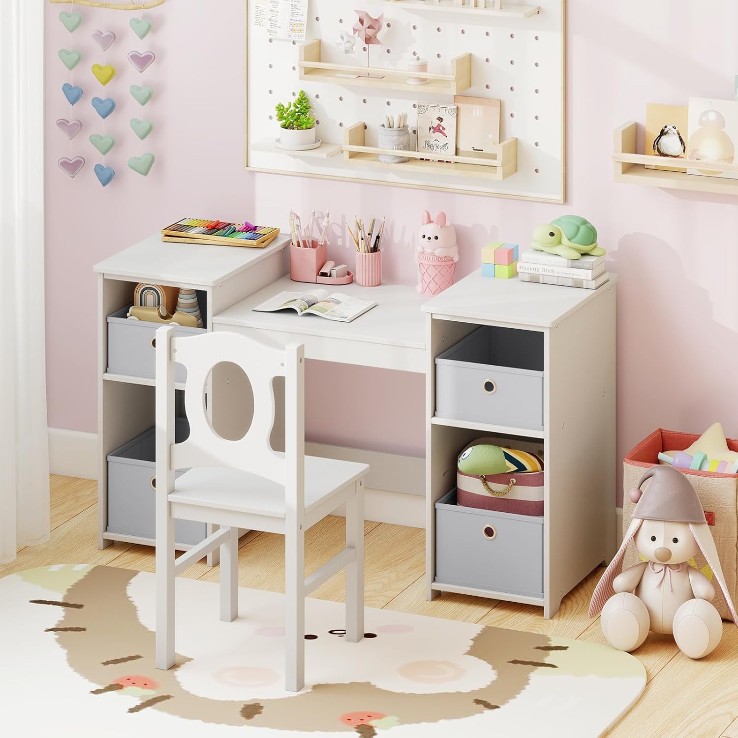 【NS】Kids Vanity Table and Stool Set, Princess Makeup Dressing Tables with Tri-Folding Detachable Mirror, 4 Storage Shelves, Wooden Children Study Desk for 3+ Years Old (White with Grey Bins)