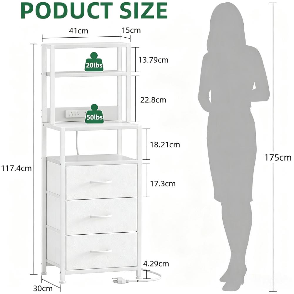 White Tall Nightstand with Charging Station & LED Light, 3 Fabric Drawers Chest for Bedroom, Living Room, Hallway [Plus A Free Gift]