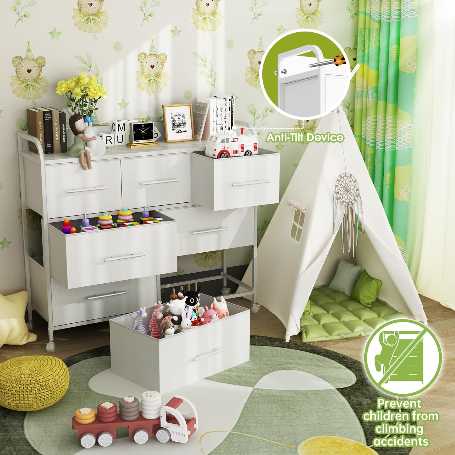 【NS】Bedroom Chest of Drawers, 7 Fabric Drawers, Clothing Storage Cabinet with 4 Castors, Wood Top and Metal Frame, for Living Room