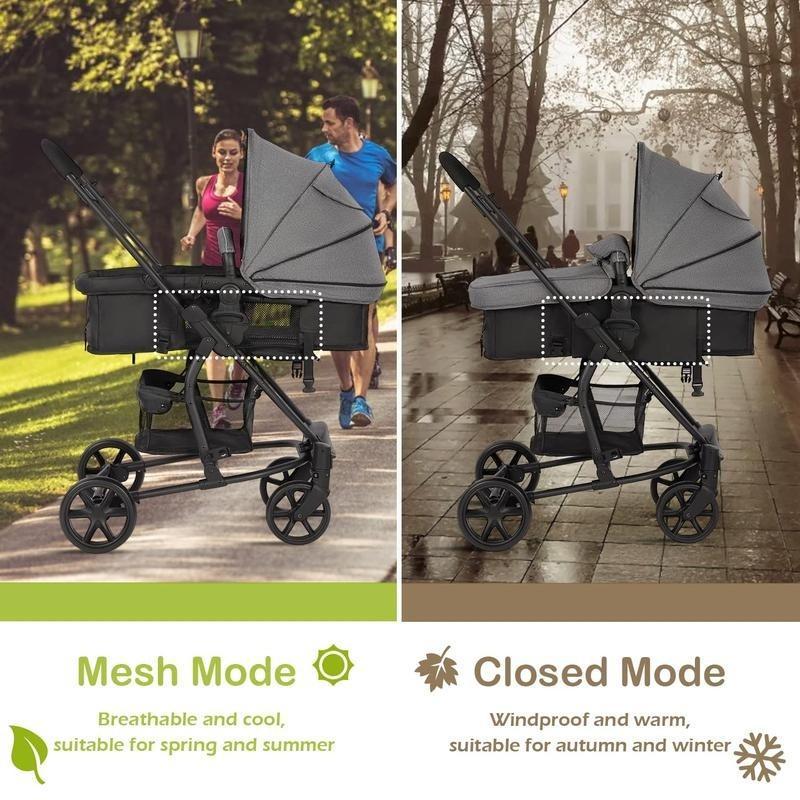 Pram 2-in-1 Travel System, Foldable Baby Pushchair with Reversible Seat, Reclinable Bassinet/Carrycot,Cover, Newborn To Toddler Stroller, Black & Grey