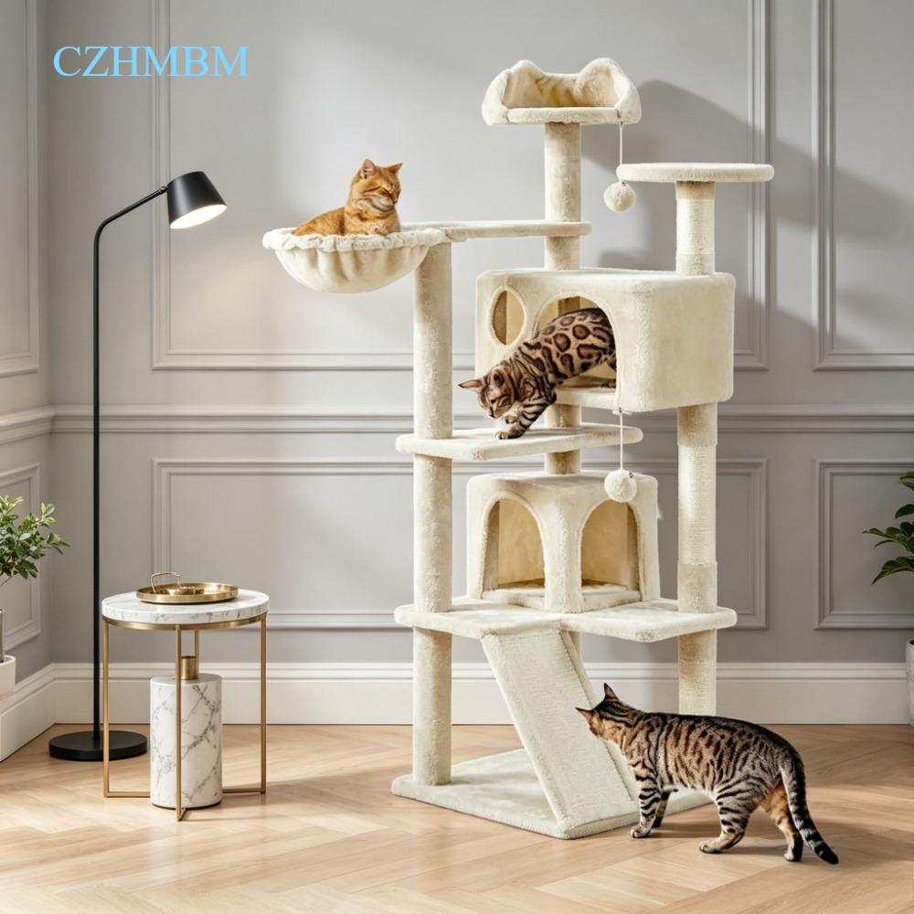144.5cm Tall Multi-Level Cat Tree with Sisal Scratching Posts, 2 Cozy Condos & Hanging Balls, Large Climbing Tower for Active Kittens and Small Cats, Indoor Play House for Exercise and Rest [Plus A Free Gift]