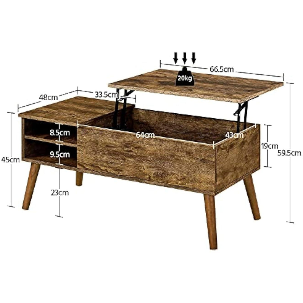 【NS】Lift Top Coffee Table, Industrial Style Coffee Table with Hidden Storage & Adjustable Storage Shelf, Center Table Sofa Table for Living Room, 100x48x45cm, Rustic Brown
