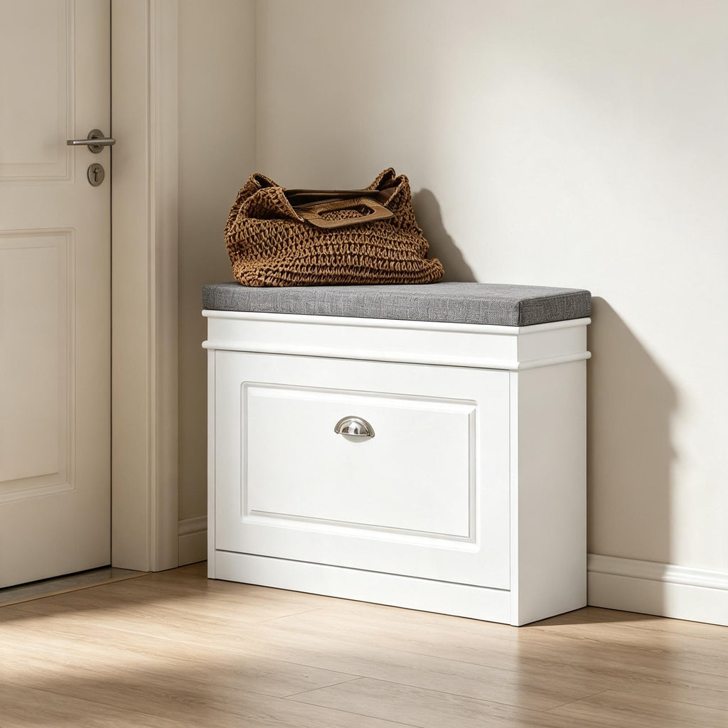 Narrow Flip Drawer Shoe Storage Bench, 2‑Tier Hidden Shoe Rack Cabinet with Removable Padded Seat Cushion, 150kg Heavy‑Duty Load Capacity, Space‑Saving Entryway Organiser for Hallway Bedroom Mudroom, Multiple Colour Options