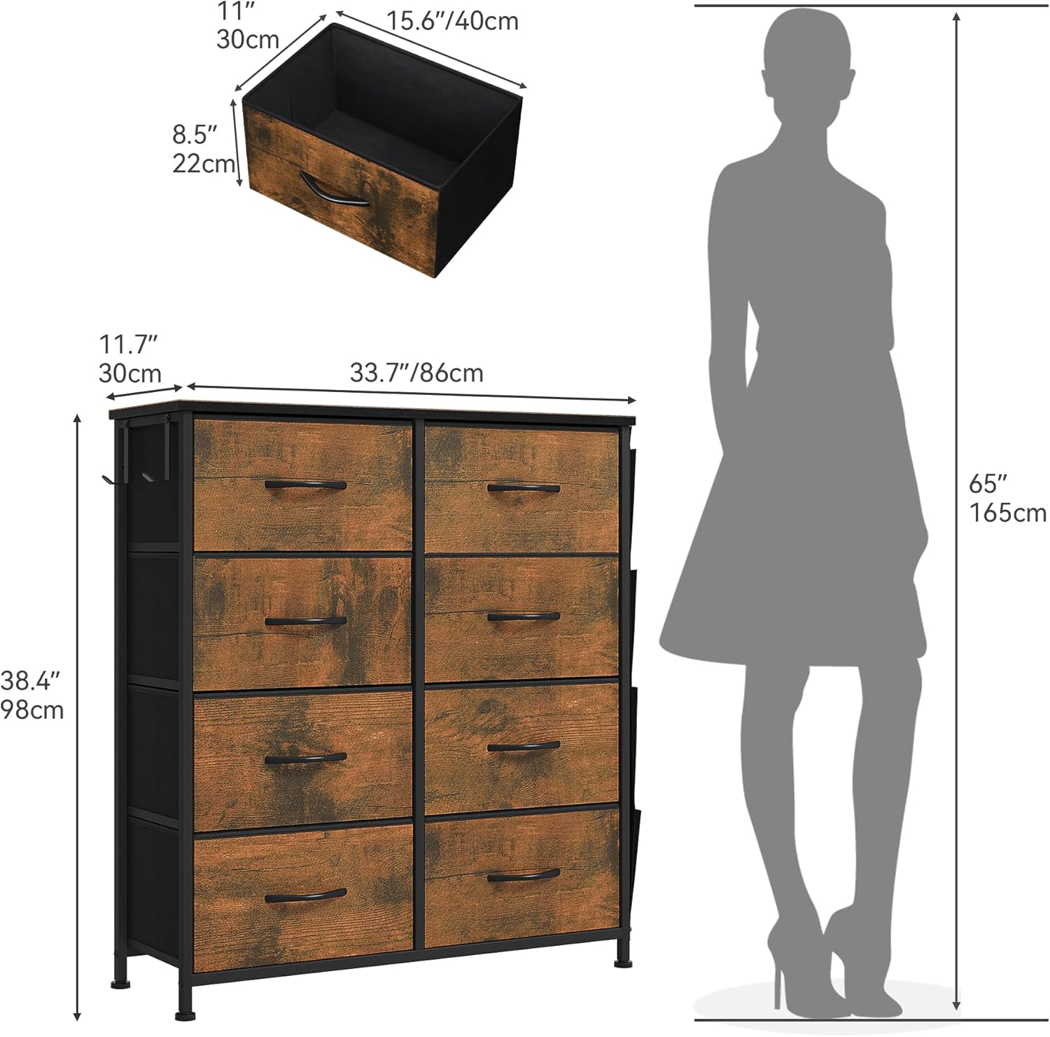 8 Drawers Metal Frame Dresser - Fabric Storage Chest for Bedroom with Handles, Wood Grain Finish for Living Room and Hallway [Plus A Free Gift]