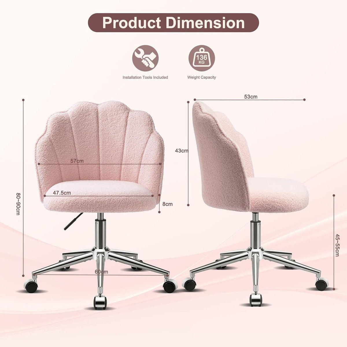 Shell‑Shaped Teddy Fabric Vanity Chair, White & Pink 360° Swivel Height Adjustable Makeup Desk Chair with Silent Wheels, Padded Rolling Armchair for Bedroom Dressing Room Home Office