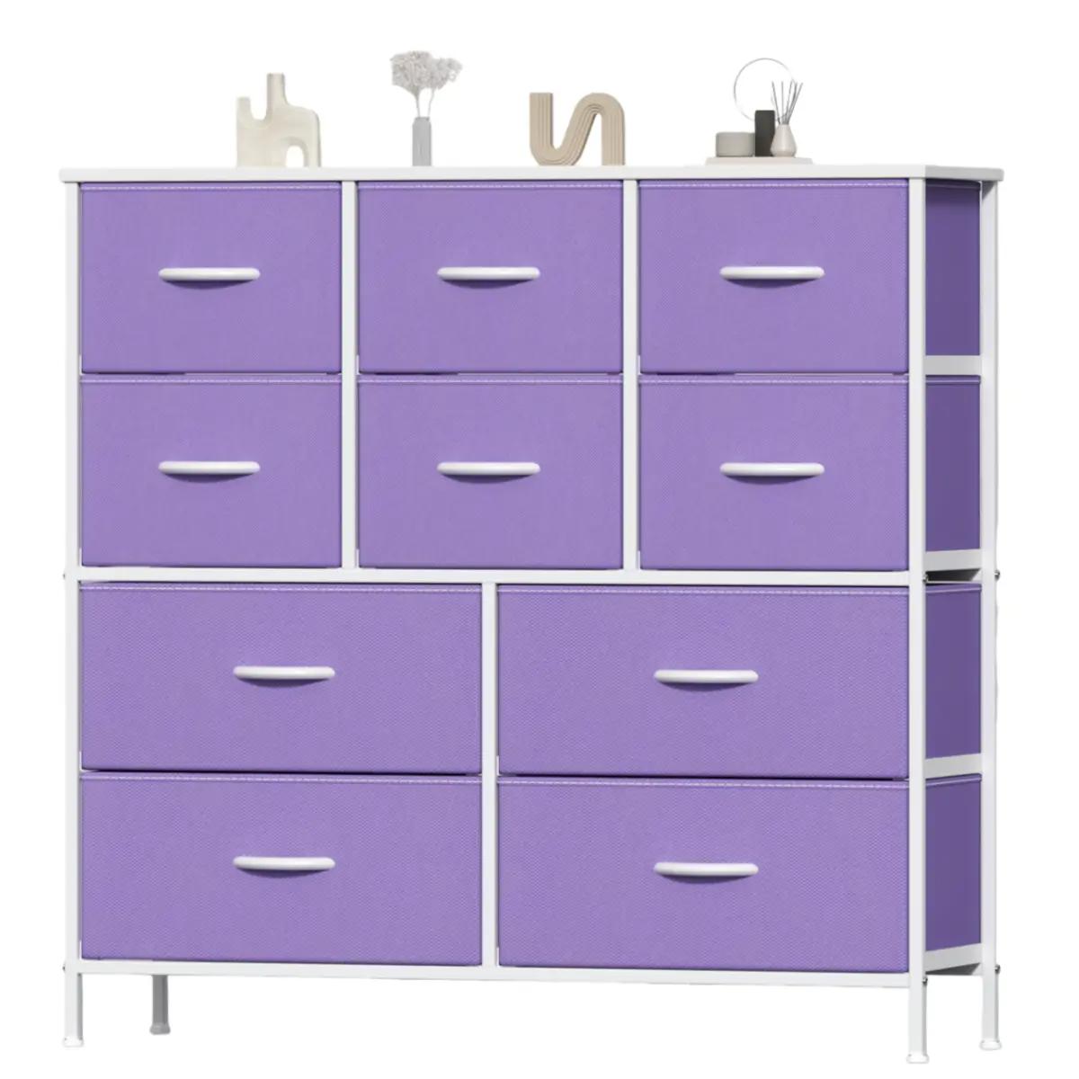 10-Drawer Fabric Storage Tower with Metal Frame & MDF Top, Non-Woven Organiser for Bedroom, Living Room, Hallway – Beige/White/Wood Tone (100x30x97cm)