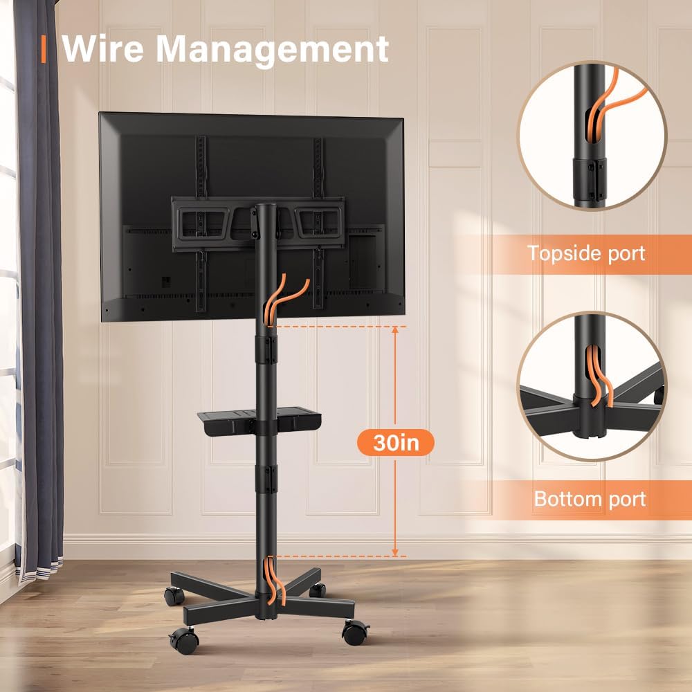 Height Adjustable Mobile TV Cart for 23-60 Inch Flat/Curved TVs - VESA 400x400 Max, Holds 40KG
