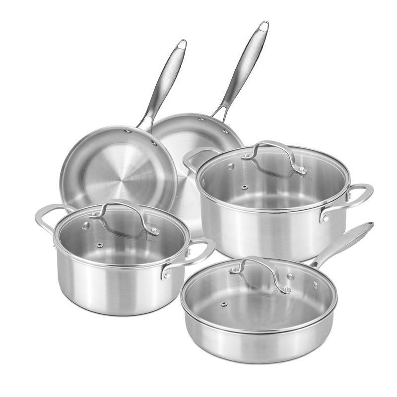 8Pcs Tri‑Ply Stainless Steel Cookware Set, Cooking Pots & Frying Pans with Glass Lids, Universal for Induction Gas Stove, Durable Kitchen Saucepan Set for Home Daily Cooking