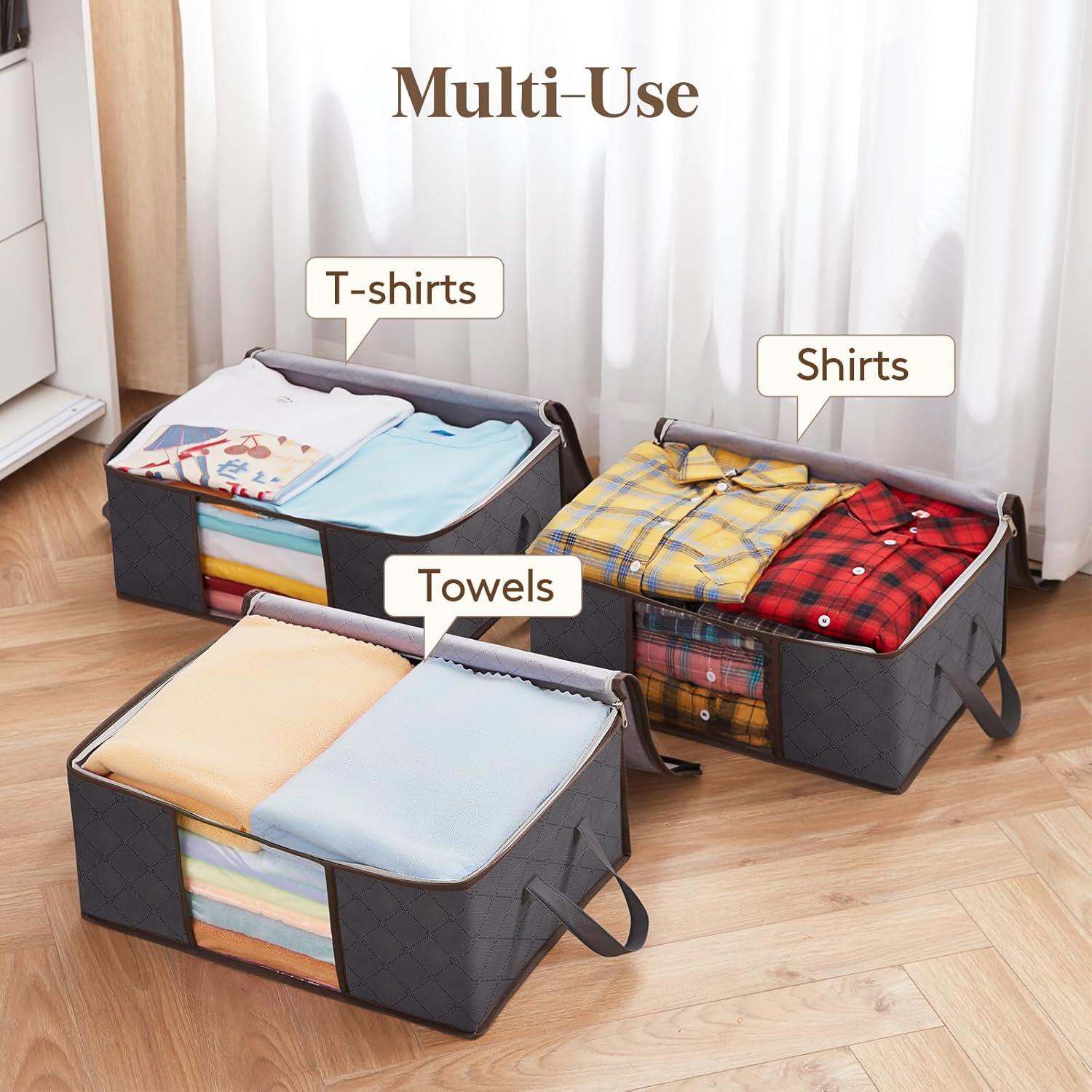 NS 35L Clothes Storage Bag Foldable Storage Boxes with Lids Underbed Wardrobe Storage Organiser with Sturdy Fabric Clear Window for Clothing Bedding Sweaters T-shirts Blankets, 3 Pack, Grey