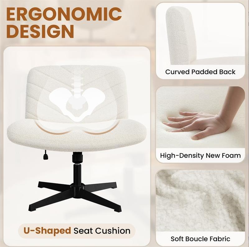Armless Wide‑Seat Swivel Desk Chair, Adjustable Height X‑Base Mid‑Back Task Chair, Comfy Vanity Chair for Home Office, Study & Makeup