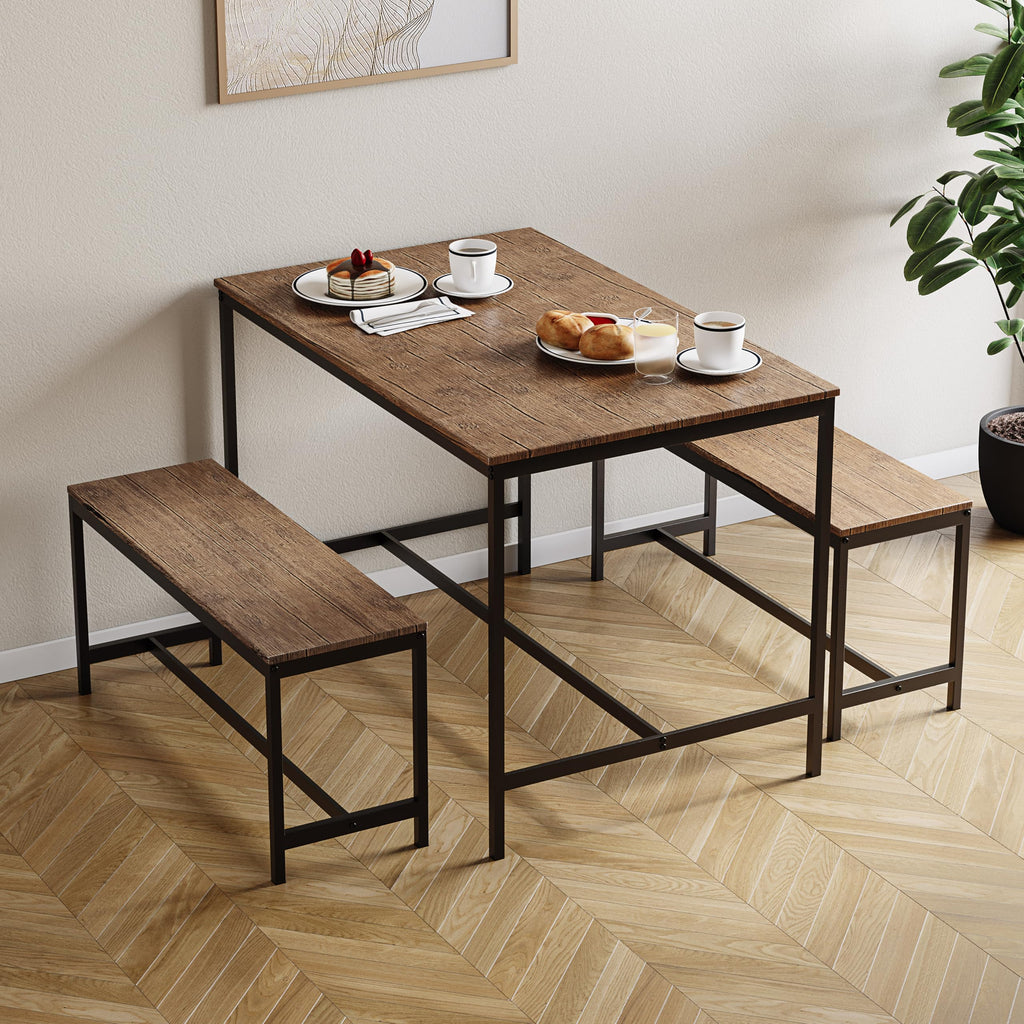 4 Seater Dining Set | Dark Wood | 3 Piece Dining Room Complete Set | 75H x 110W x 70D cm | with 2 Benches | Rustic | Solid Metal Frame | Industrial Design