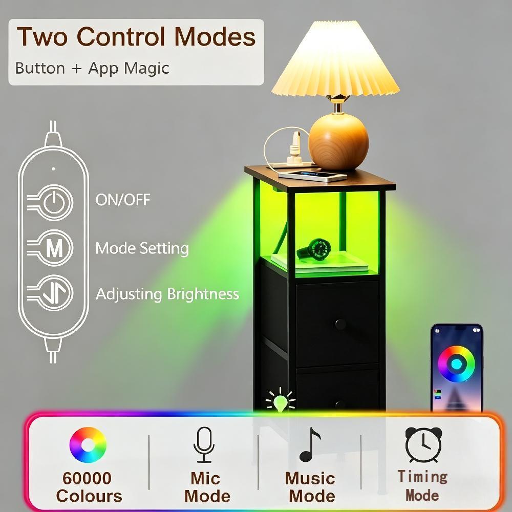 Slim Bedside Table with Charging Station and LED Lights, Narrow Nightstand with 2 Fabric Drawers for Small Spaces, Black End Table for Living Room and Bedroom